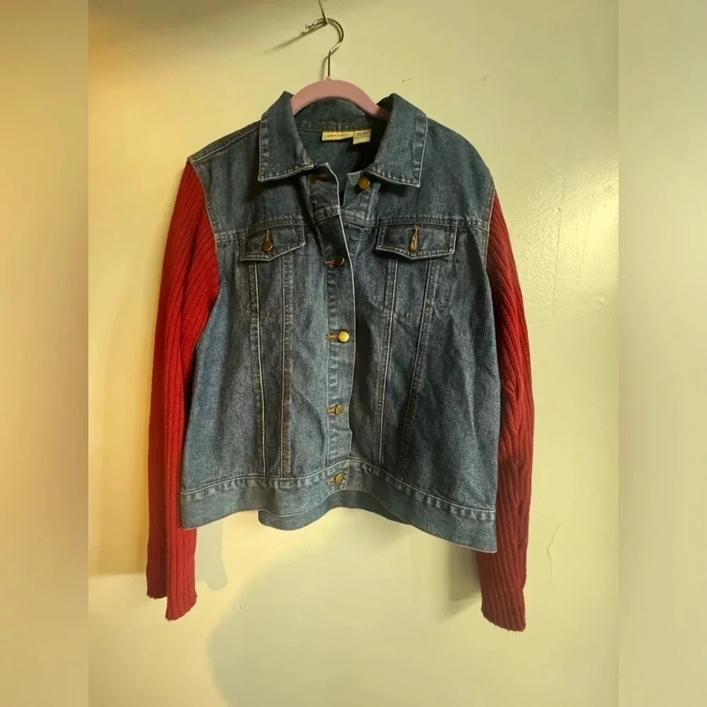 Analogy women’s Button up‎ Jean Denim jacket with red knit sleeves size large